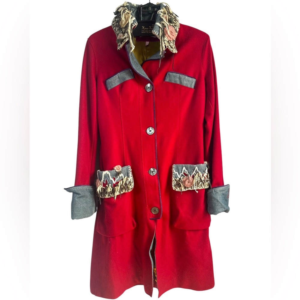 Vintage VOYAGE PASSION red wool and denim embroidery long coat